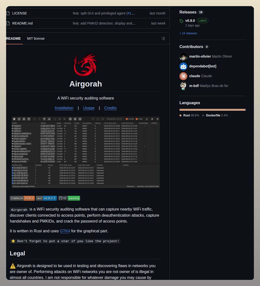Airgorah GUI dashboard visualizing nearby wireless networks and connected clients using Rust and GTK4