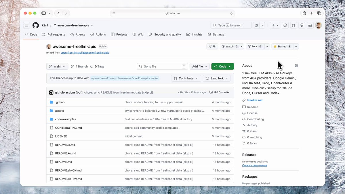 30개 제공업체 495+ 무료 LLM API 총정리 디렉터리: awesome-free-llm-apis