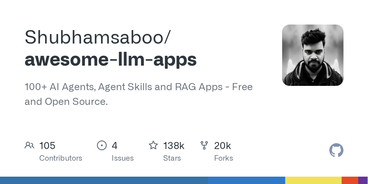 Awesome LLM Apps: 100개 이상의 오픈소스 AI 에이전트 및 RAG 앱 저장소