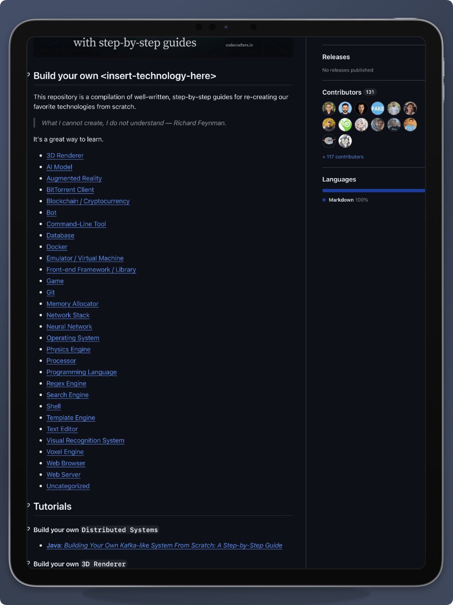 밑바닥부터 직접 구현하며 배우는 기술 큐레이션 저장소: build-your-own-x (GitHub 55만+ 스타)