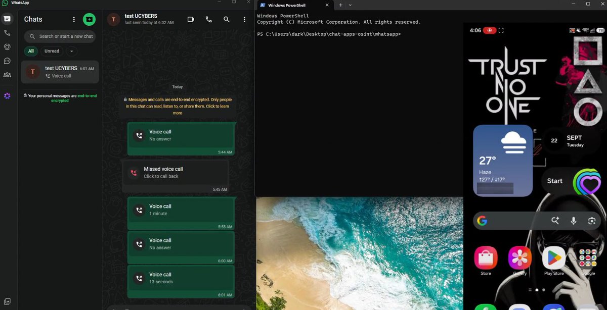 chat-apps-osint test environment and WhatsApp call interface