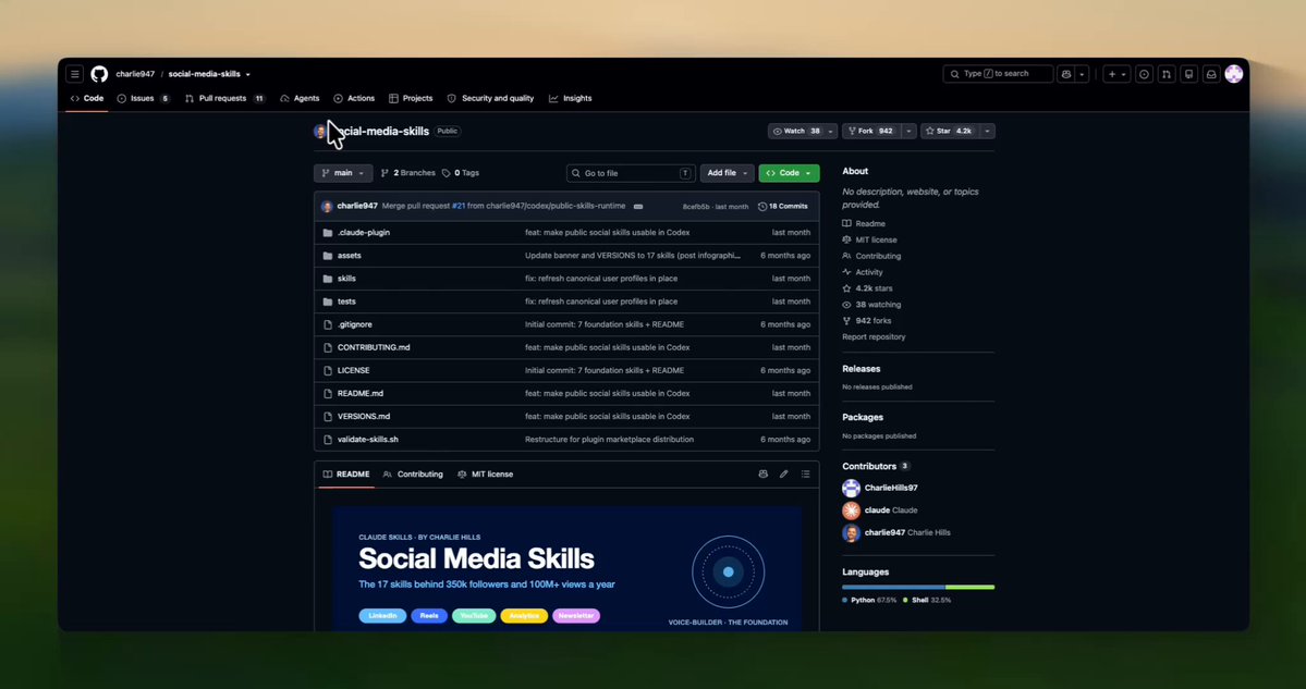 Conceptual visual of 17 open-source Claude skills for social media, learning creator voice from sample texts to generate hooks and multi-format content ideas