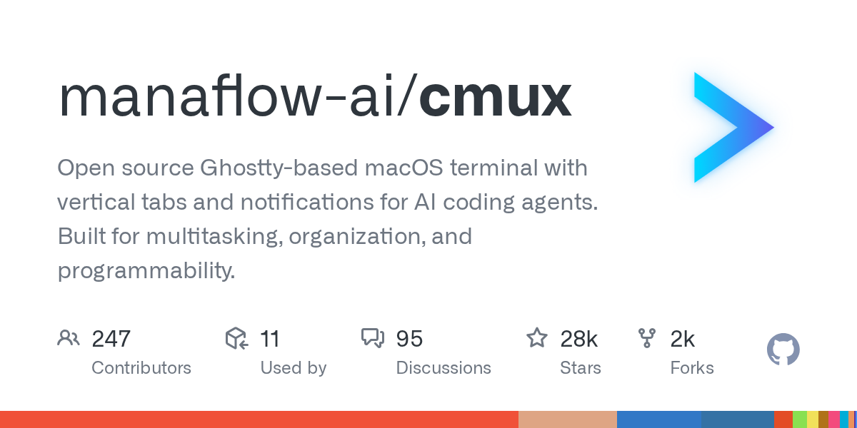 AI 코딩 에이전트 작업 대기 알림 링과 수직 탭 메타데이터가 표시된 cmux macOS 네이티브 터미널 인터페이스