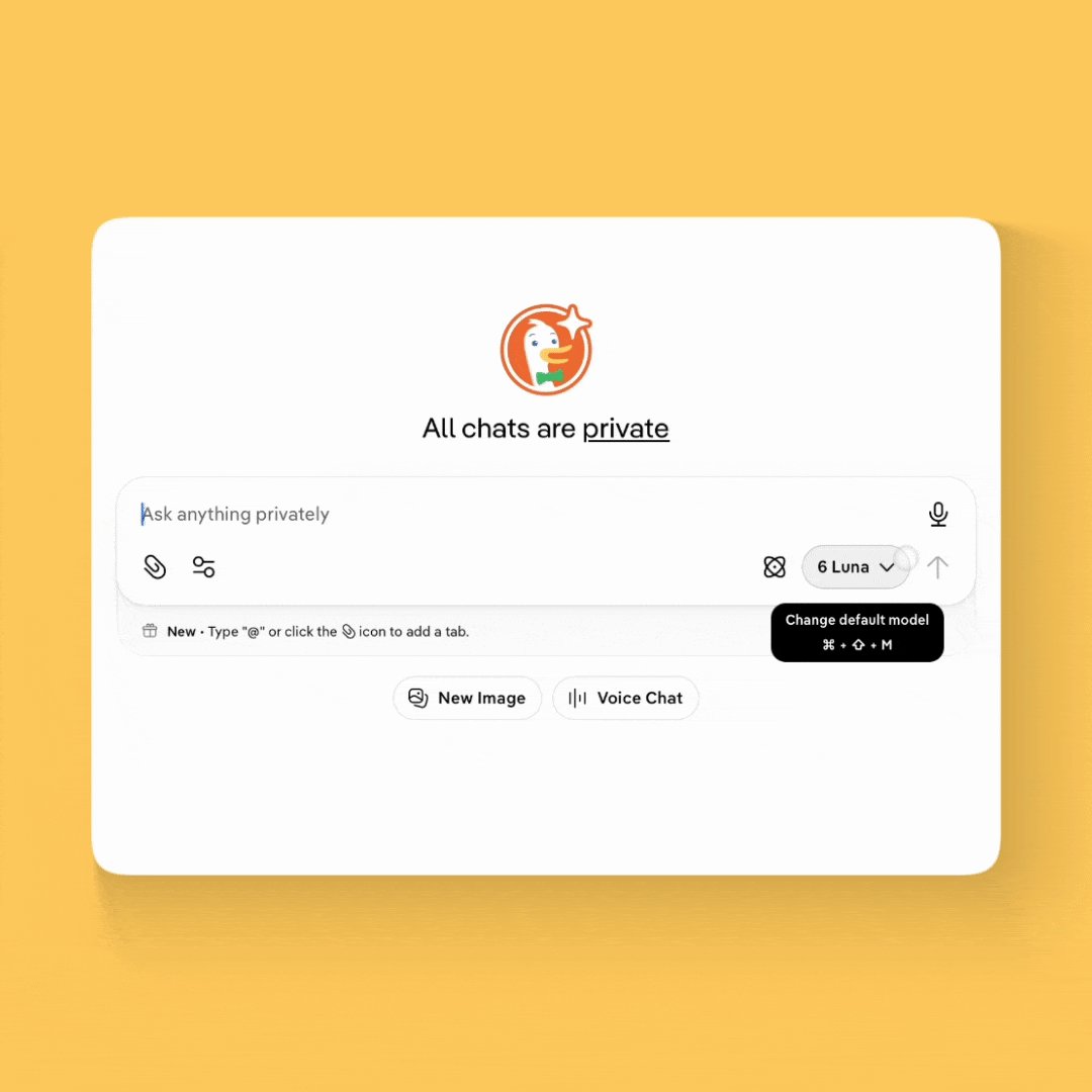 DuckDuckGo AI 챗봇 인터페이스와 새로 추가된 OpenAI GPT-6 Luna 모델 선택 화면