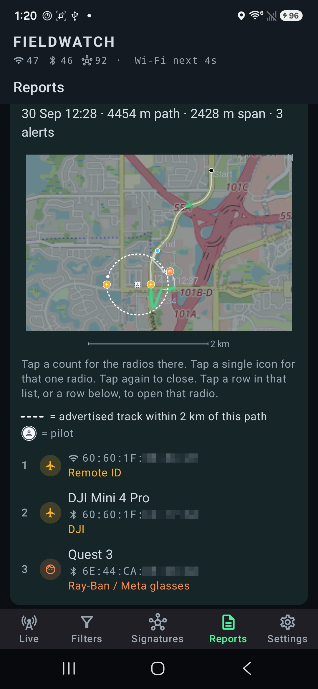 Fieldwatch 오픈소스 안드로이드 역감시 앱 인터페이스 및 Wi-Fi BLE 기기 탐지 화면