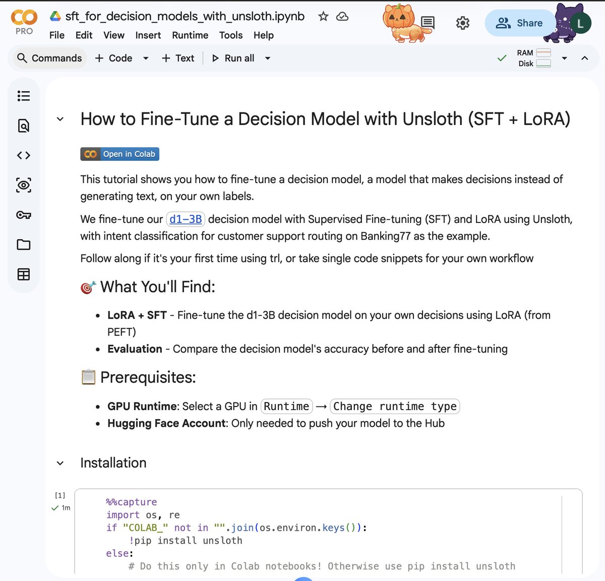 Halloween-themed cat photo shared alongside the d1-3B decision model fine-tuning tutorial notebooks