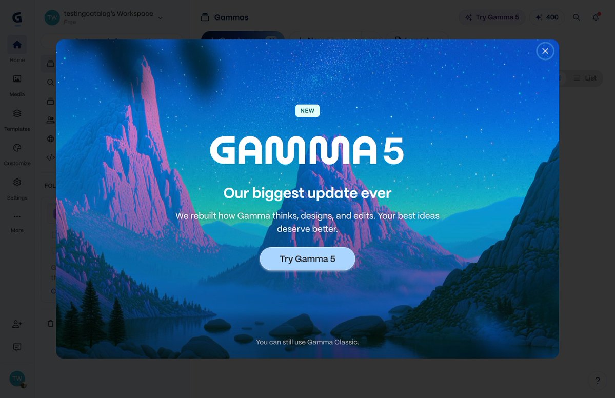 Gamma 5 에이전트 인터페이스와 PowerPoint 임포트 및 서식 유지 리스타일링 편집 화면
