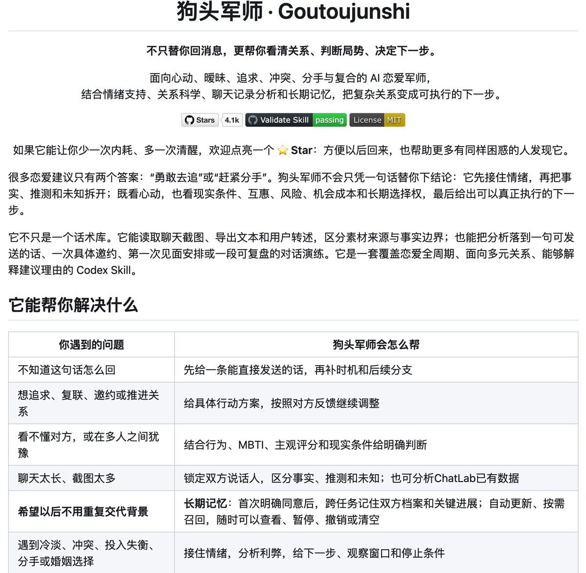 대화 캡처 분석부터 답장 전략까지 지원하는 오픈소스 Codex 연애 스킬 ‘구터우쥔스(狗头军师)’