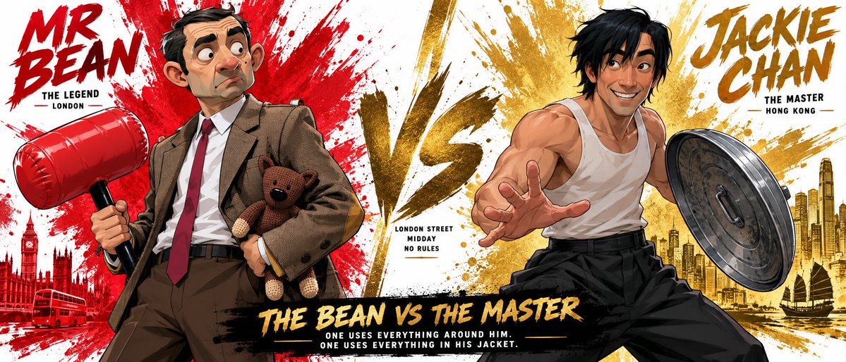 Split-screen character bible sheet layout of Mr. Bean vs Jackie Chan generated with GPT Image 2.5