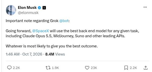 Grok Bot Adopts Multi-Model Routing: Integrating Claude Opus 5.5, Midjourney, and Suno APIs
