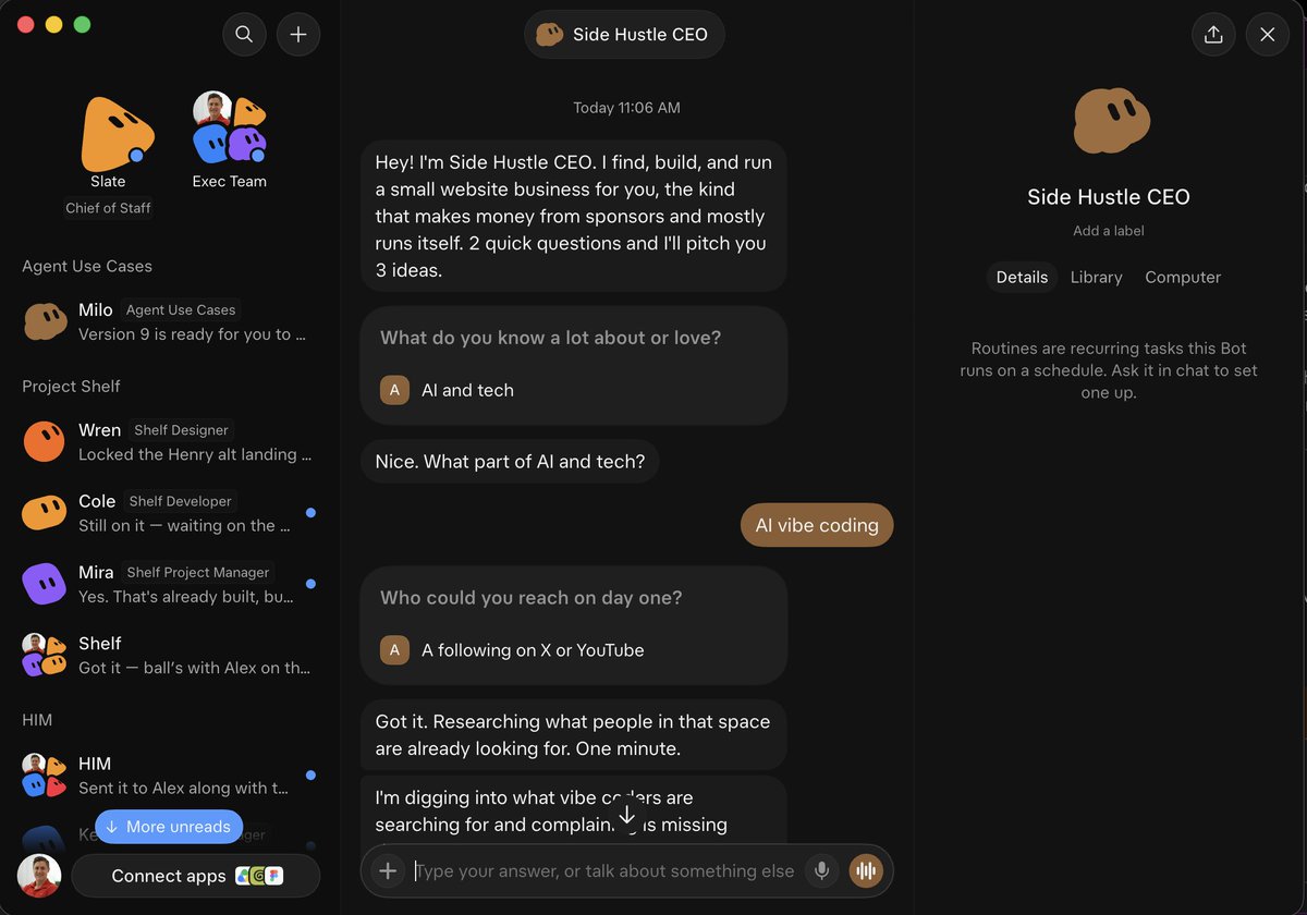 Alex Finn이 공개한 Grok Bot 전용 Side Hustle CEO 템플릿 구성 화면과 자율 마이크로비즈니스 운영 대시보드