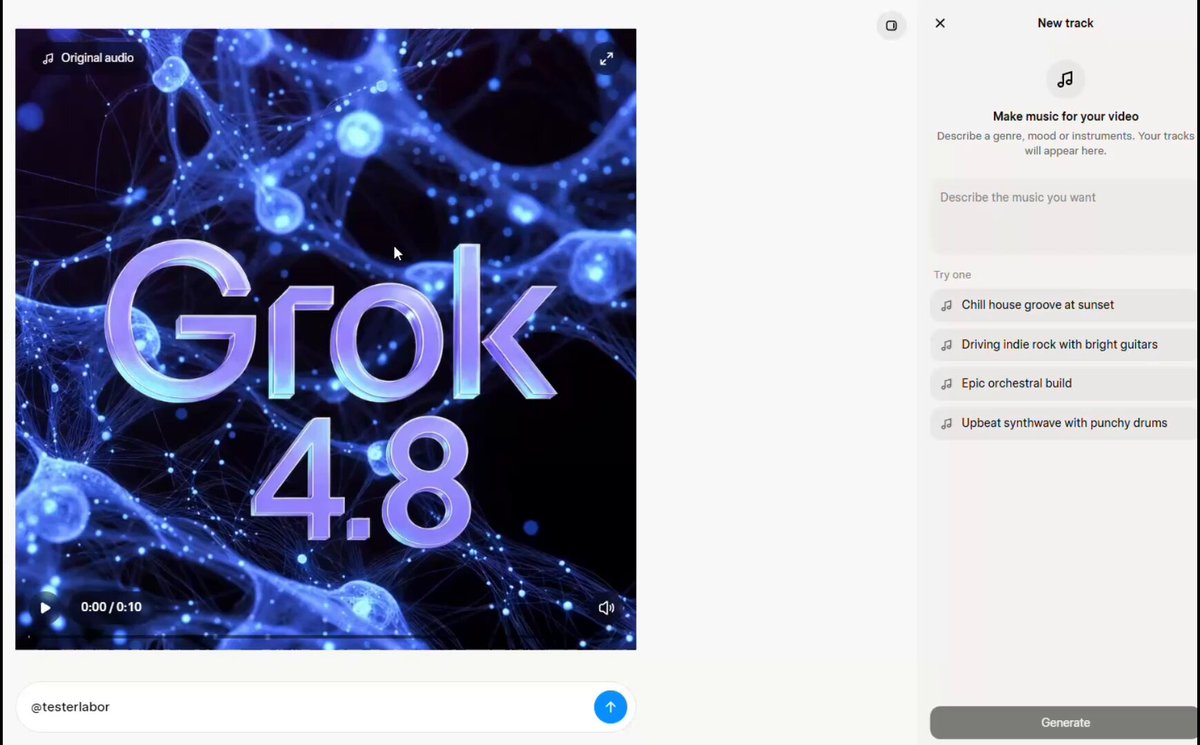 Grok web Imagine video generation interface featuring the Original Audio menu and prompt-driven Grok Music soundtrack workflow