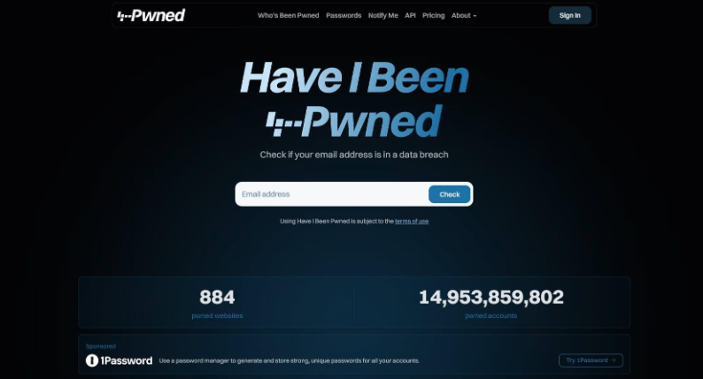 Have I Been Pwned 웹사이트에서 이메일 주소 유출 여부를 조회하는 검색 인터페이스 화면