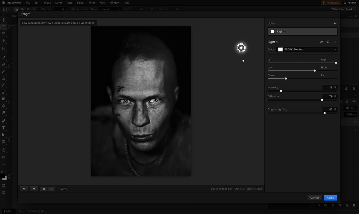 포토샵 Relight 베타에 맞선 무료 브라우저 대안 ImageFlow Relight 공개