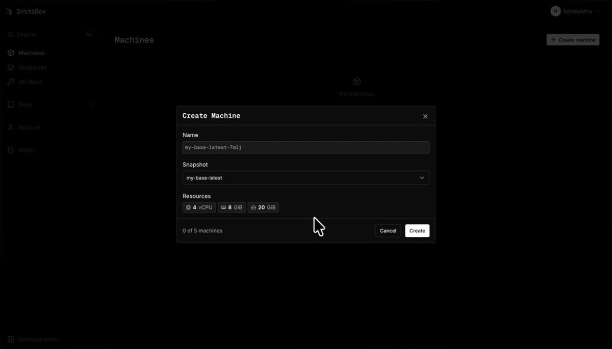 InstaBox cloud computer dashboard and virtual instance runtime environment for AI agents