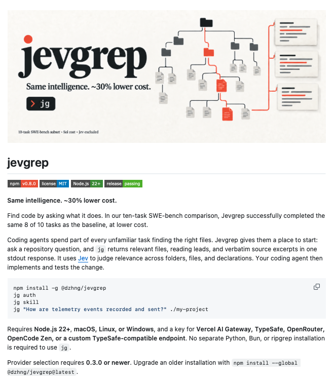 동작 설명으로 코드를 찾는 에이전트용 시맨틱 검색 CLI 'jevgrep'