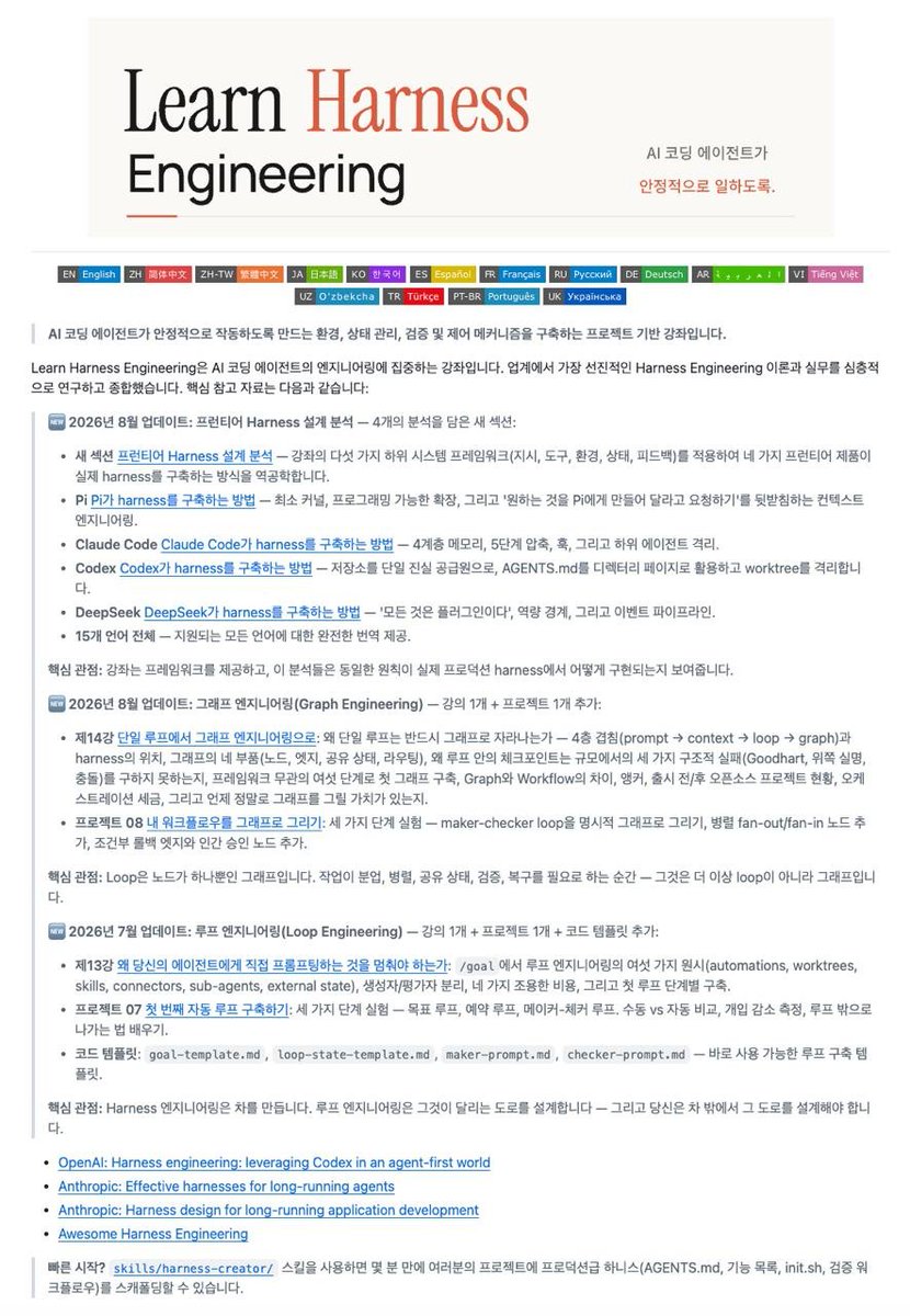 Learn Harness Engineering: 코딩 에이전트를 안정적으로 통제하는 14개 강의와 실무 하네스 구축 가이드
