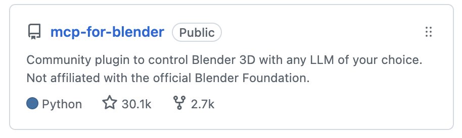 mcp-for-blender 깃허브 30,000 스타 달성 및 블렌더 3D 연동 인터페이스 화면