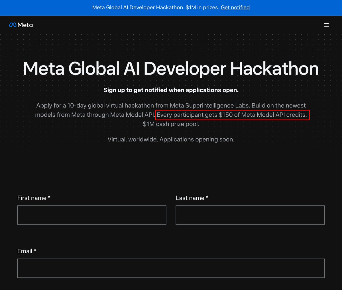 Meta Global AI Developer Hackathon announcement graphic highlighting the $1M prize pool and $150 Model API credits