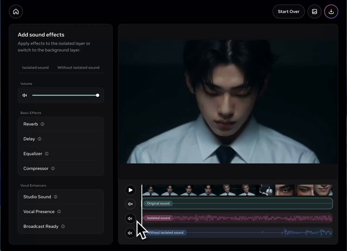 Meta SAM Audio 웹 데모에서 영상 피사체 클릭 및 타임라인으로 사운드를 분리하는 인터페이스