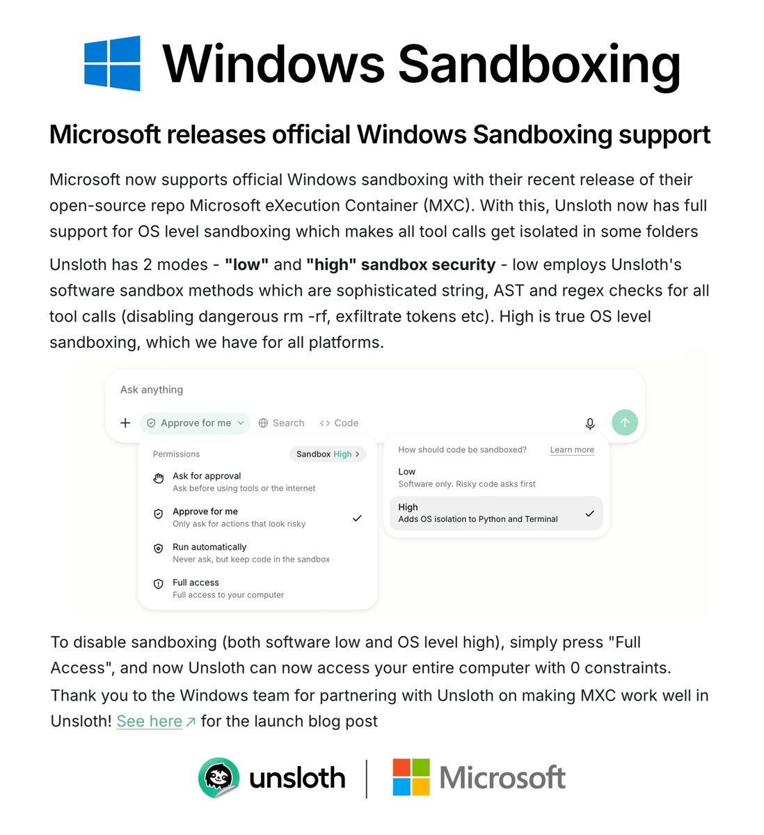 Graphic illustrating Windows native mxc OS-level code sandboxing integrated with Unsloth framework