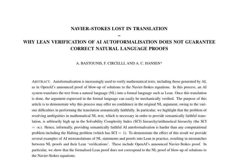 Research paper analyzing discrepancies between OpenAI Navier-Stokes natural language paper and Lean formal verification code