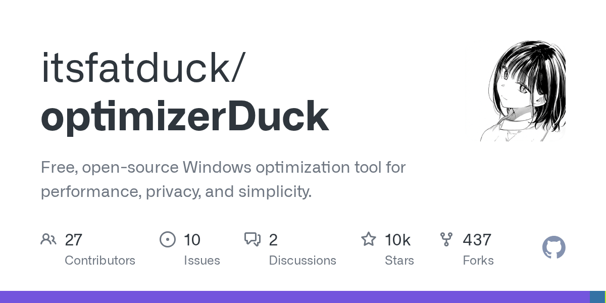 Conceptual interface illustration of optimizerDuck, an open-source Windows 10 and 11 optimization and telemetry debloating utility
