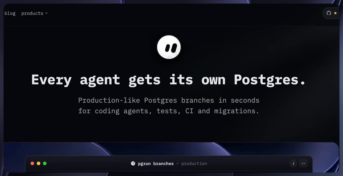 Architectural visualization of PGRun ephemeral Postgres branching for AI coding agents and CI pipelines