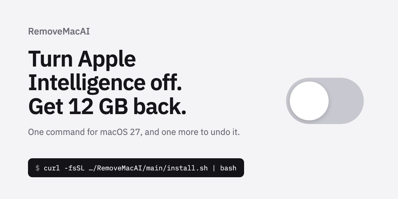 macOS 27 애플 인텔리전스 모델 안전 삭제 및 재다운로드 차단 도구 'RemoveMacAI'