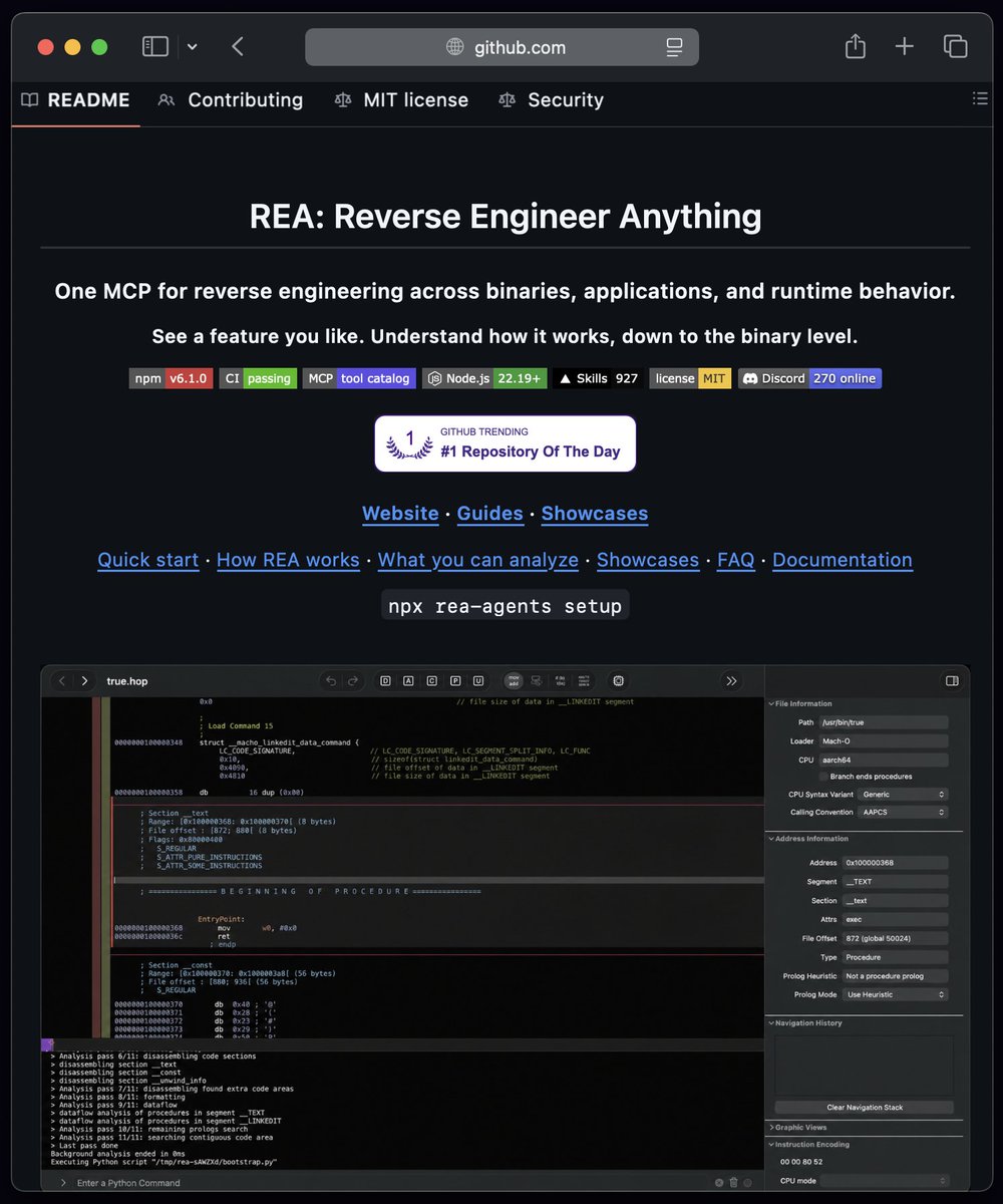 Architectural diagram and workflow showing REA connecting coding agents to decompilers like Ghidra via MCP for binary reverse engineering