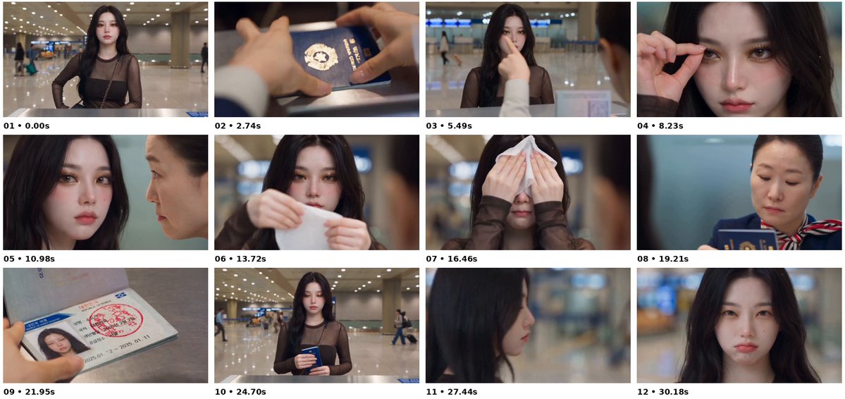 Seedance 2.5로 생성된 공항 출입국 심사대 배경의 12개 샷 시네마틱 멀티컷 스토리보드 패널