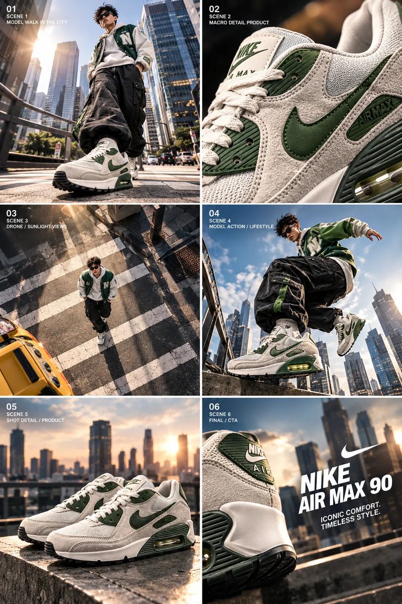 Image attached to the source post: dynamic leap shot of a male athlete wearing a Nike-style tracksuit and Air Max 90 sneakers in a modern downtown setting