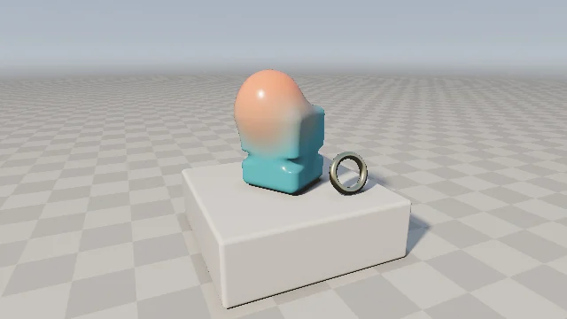 Procedural shader render of 3D objects on a white pedestal above a checkerboard floor