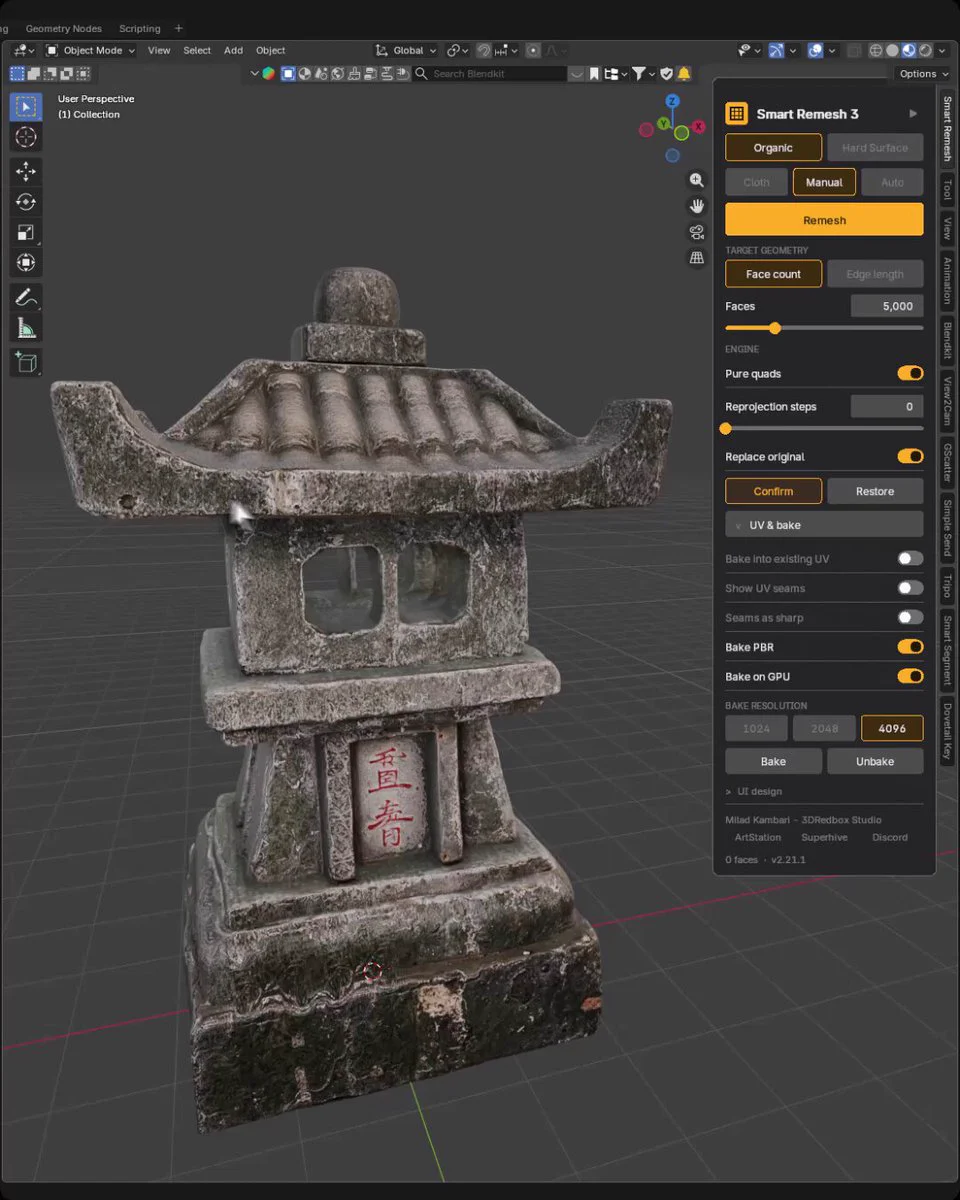 Smart Remesh one-click quad remeshing and texture baking interface inside Blender