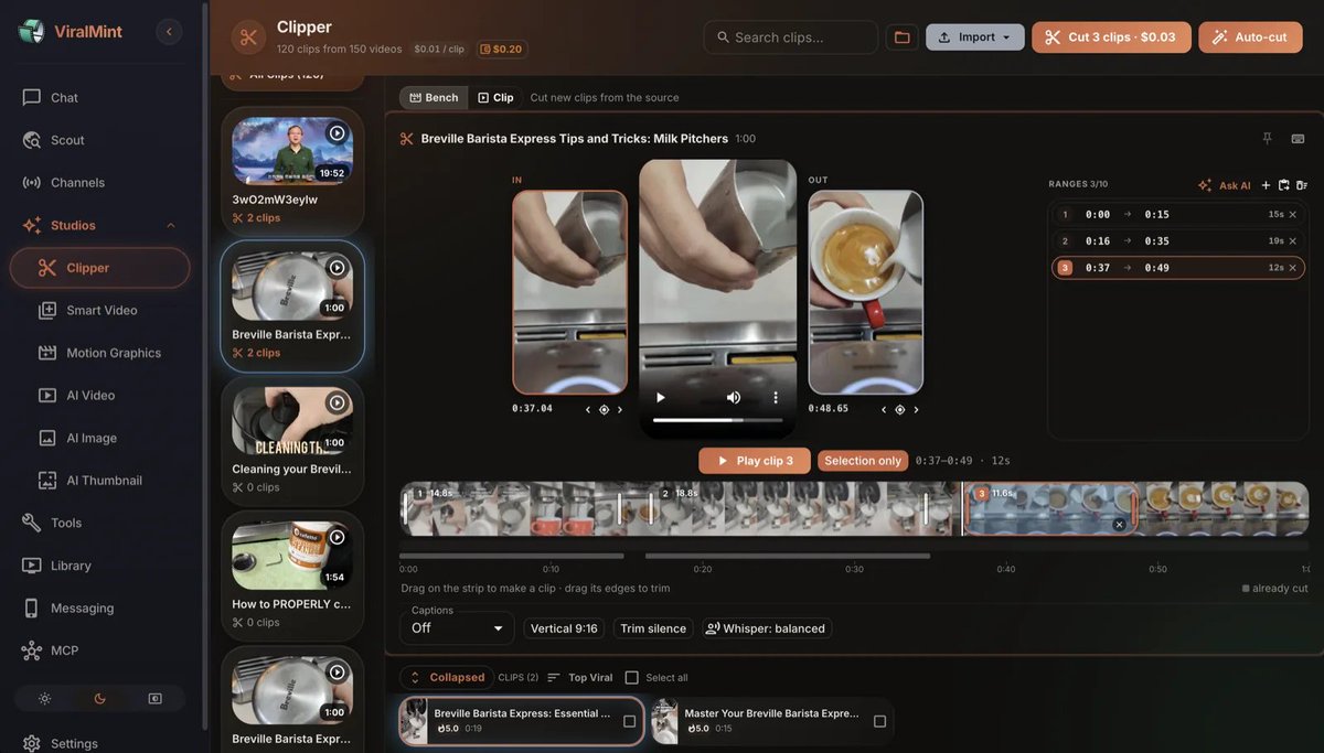 ViralMint all-in-one video editing and short-form repurposing dashboard interface