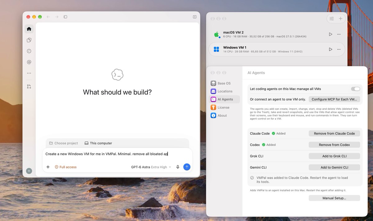 VMPal virtual machine app window running on a Mac with multiple guest systems and an AI agent automation indicator